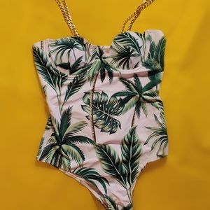 Tropical Underwire Chain Strap One Piece Swimsuit